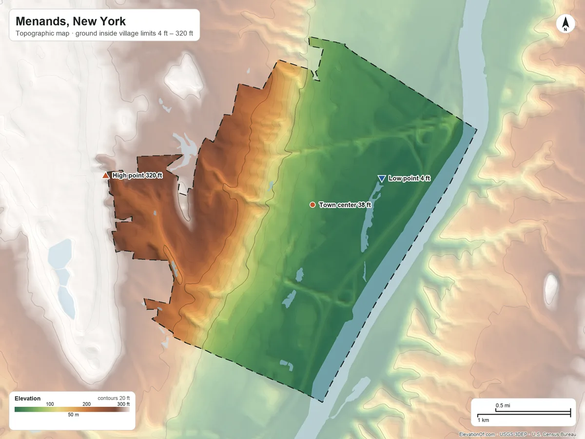 Topographic elevation map of Menands, New York, shaded from 4 ft on the east side to 320 ft on the west side