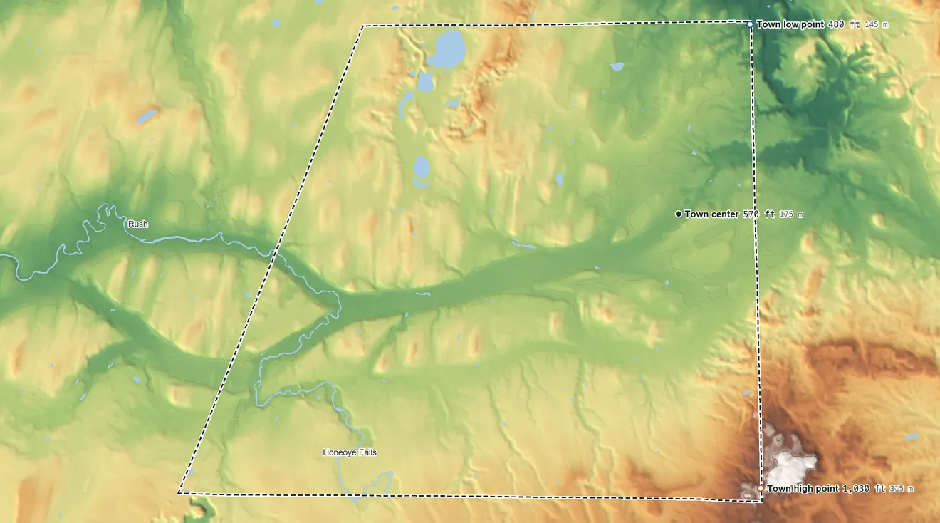 Topographic elevation map of Mendon, New York, shaded from 480 ft on the north side to 1,030 ft on the south side