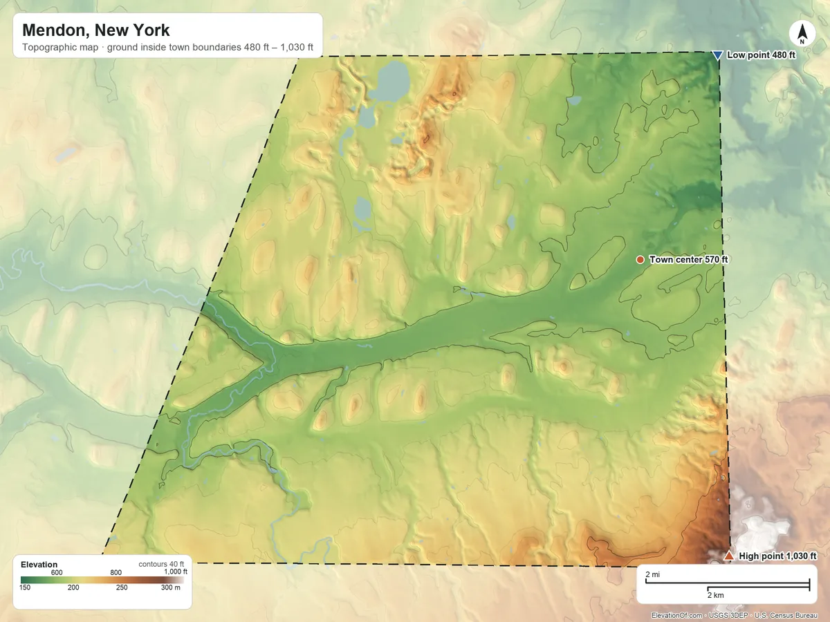 Topographic elevation map of Mendon, New York, shaded from 480 ft on the north side to 1,030 ft on the south side
