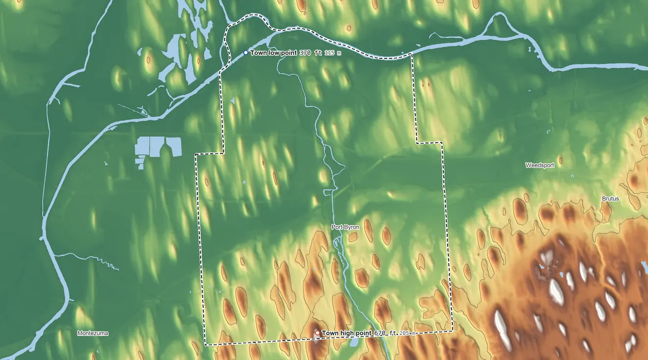 Topographic elevation map of Mentz, New York, shaded from 370 ft on the northwest side to 670 ft on the south side