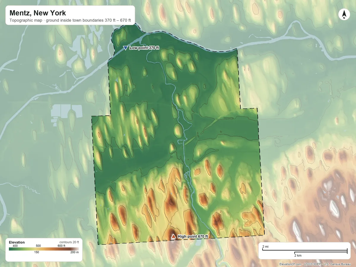 Topographic elevation map of Mentz, New York, shaded from 370 ft on the northwest side to 670 ft on the south side