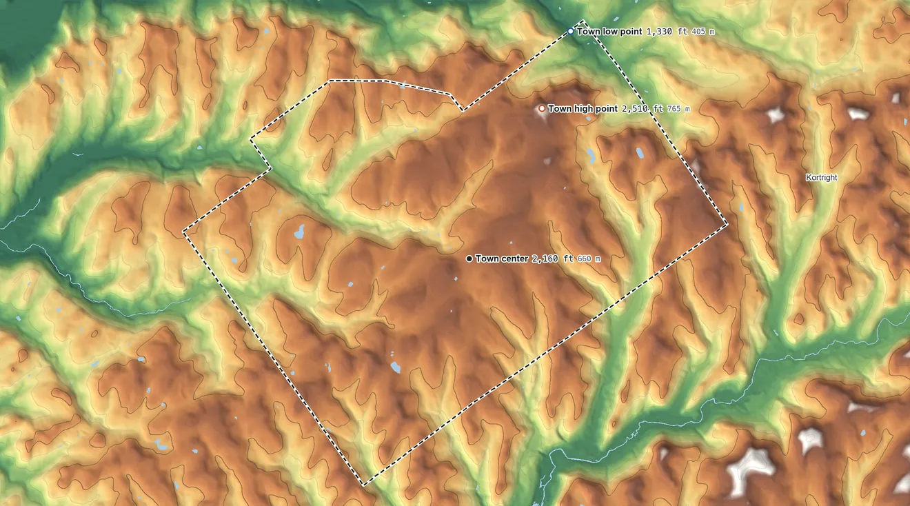 Topographic elevation map of Meredith, New York, shaded from 1,330 ft on the northeast side to 2,510 ft on the northeast side