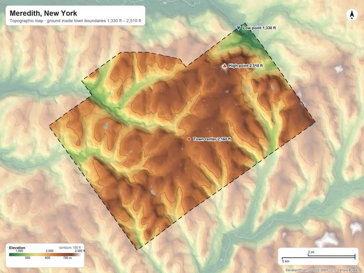 Topographic elevation map of Meredith, New York, shaded from 1,330 ft on the northeast side to 2,510 ft on the northeast side