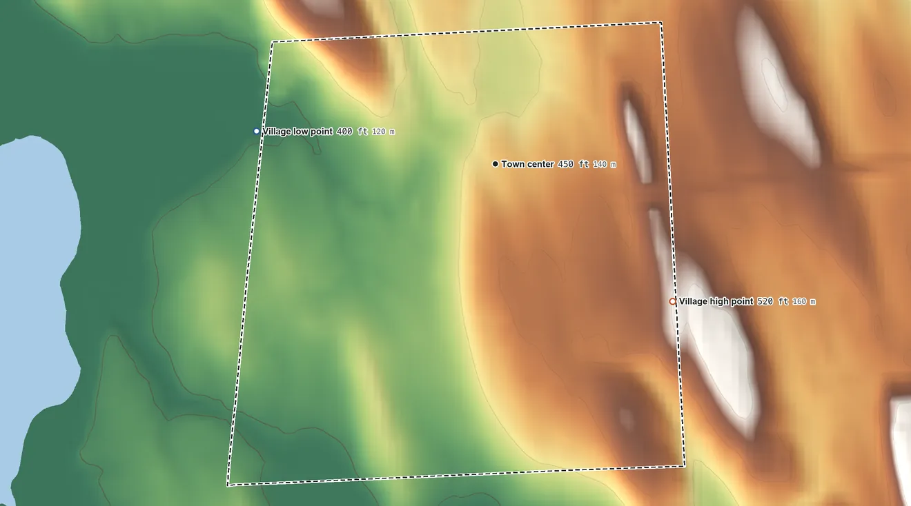 Topographic elevation map of Meridian, New York, shaded from 400 ft on the west side to 520 ft on the southeast side