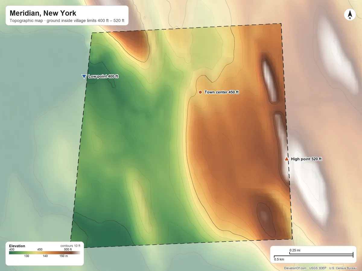Topographic elevation map of Meridian, New York, shaded from 400 ft on the west side to 520 ft on the southeast side