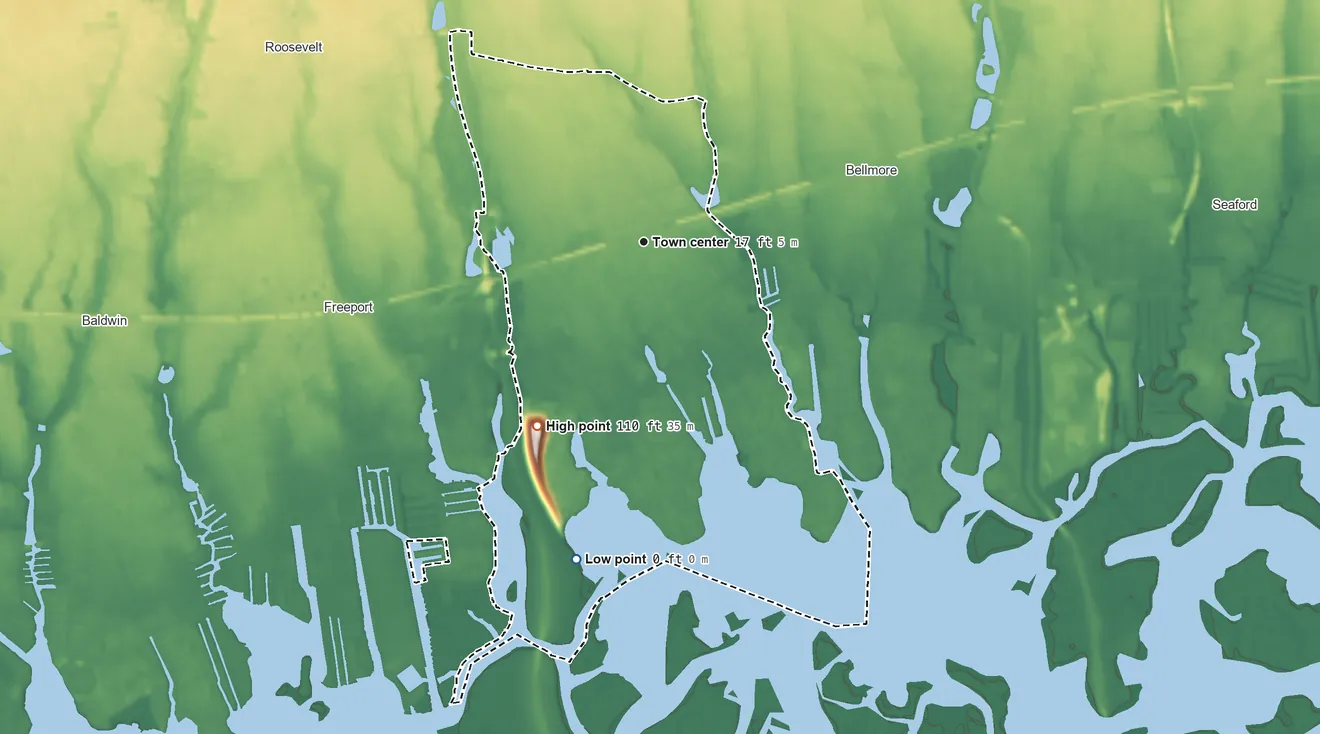 Topographic elevation map of Merrick, New York, shaded from sea level level on Merrick Bay to 110 ft on the southwest side