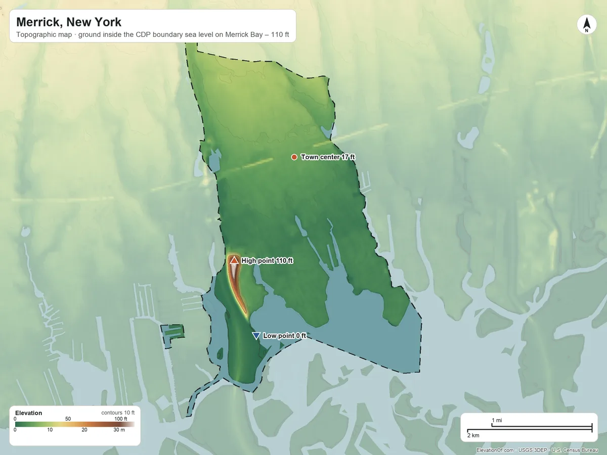 Topographic elevation map of Merrick, New York, shaded from sea level level on Merrick Bay to 110 ft on the southwest side