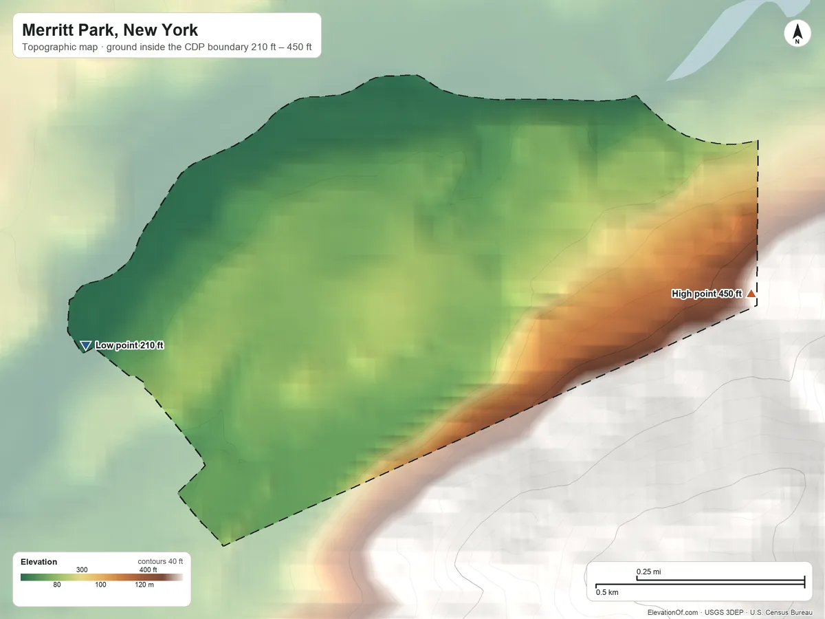 Topographic elevation map of Merritt Park, New York, shaded from 210 ft on the west side to 450 ft at the foot of the Marlboro Mountains