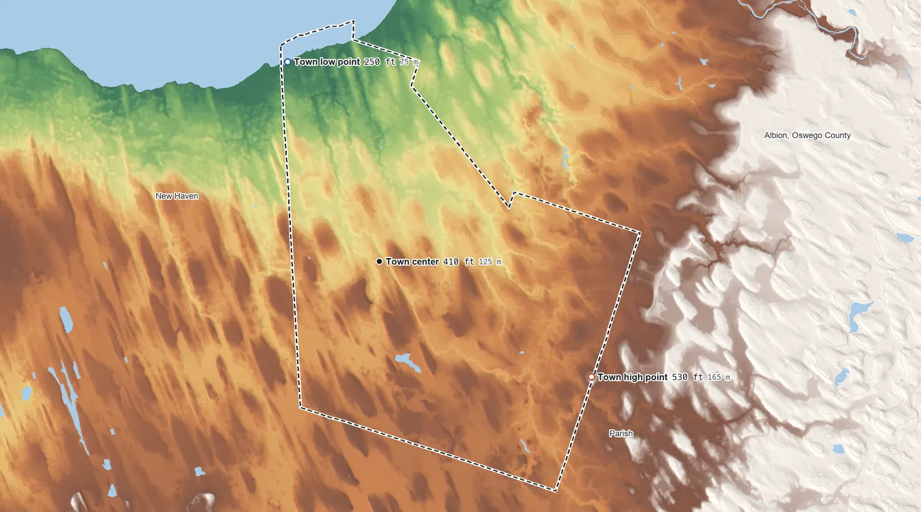 Topographic elevation map of Mexico, New York, shaded from 250 ft on the northwest side to 530 ft on the southeast side