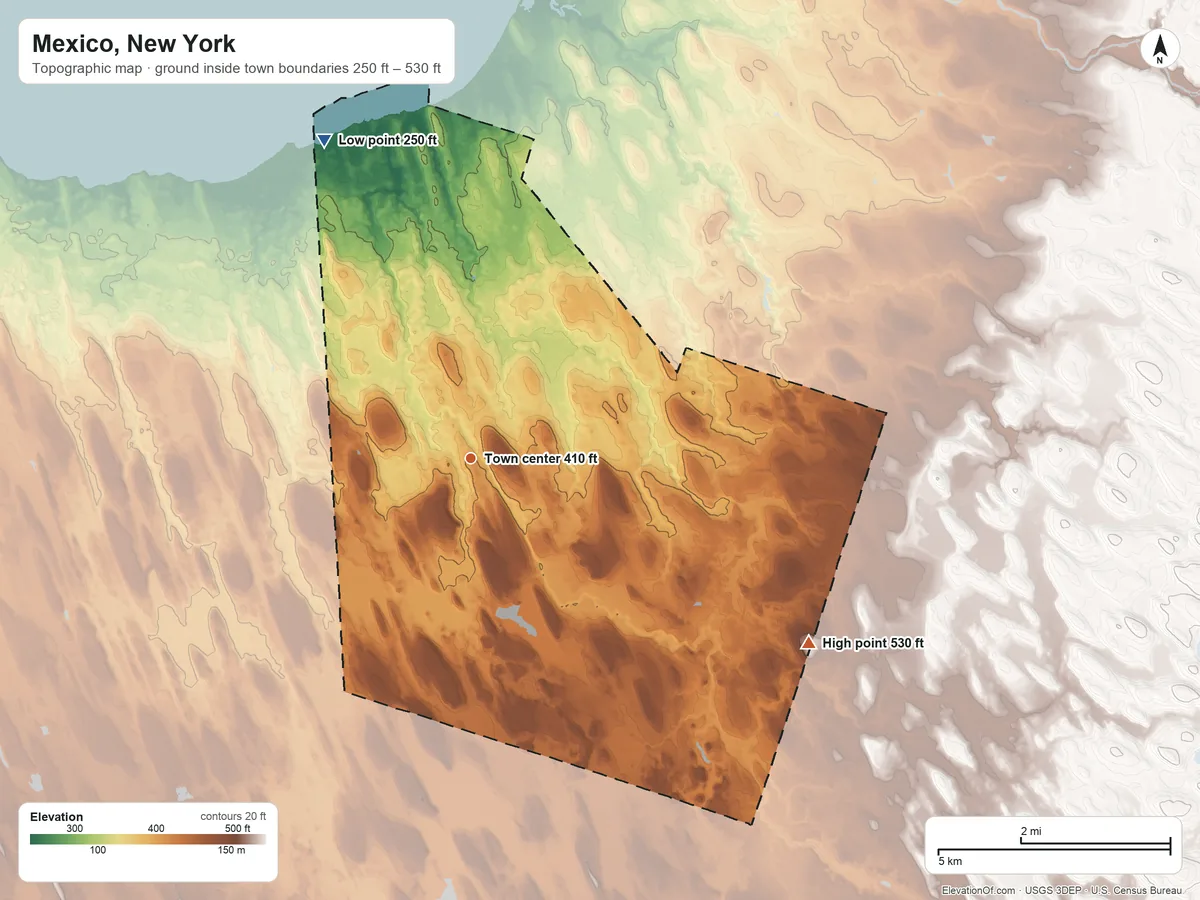 Topographic elevation map of Mexico, New York, shaded from 250 ft on the northwest side to 530 ft on the southeast side