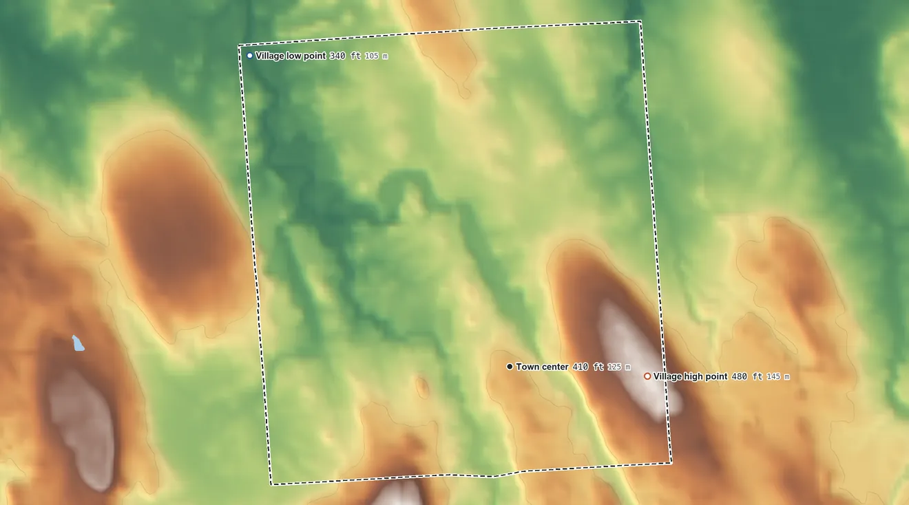 Topographic elevation map of Village of Mexico, New York, shaded from 340 ft on the northwest side to 480 ft on the east side