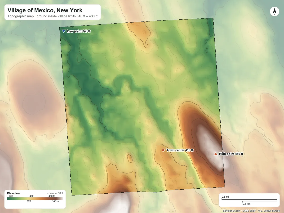 Topographic elevation map of Village of Mexico, New York, shaded from 340 ft on the northwest side to 480 ft on the east side