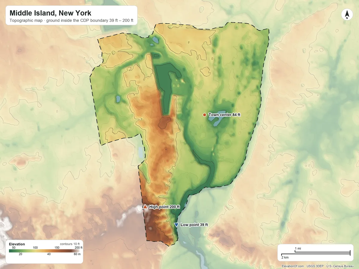 Topographic elevation map of Middle Island, New York, shaded from 39 ft on the south side to 200 ft on the southwest side
