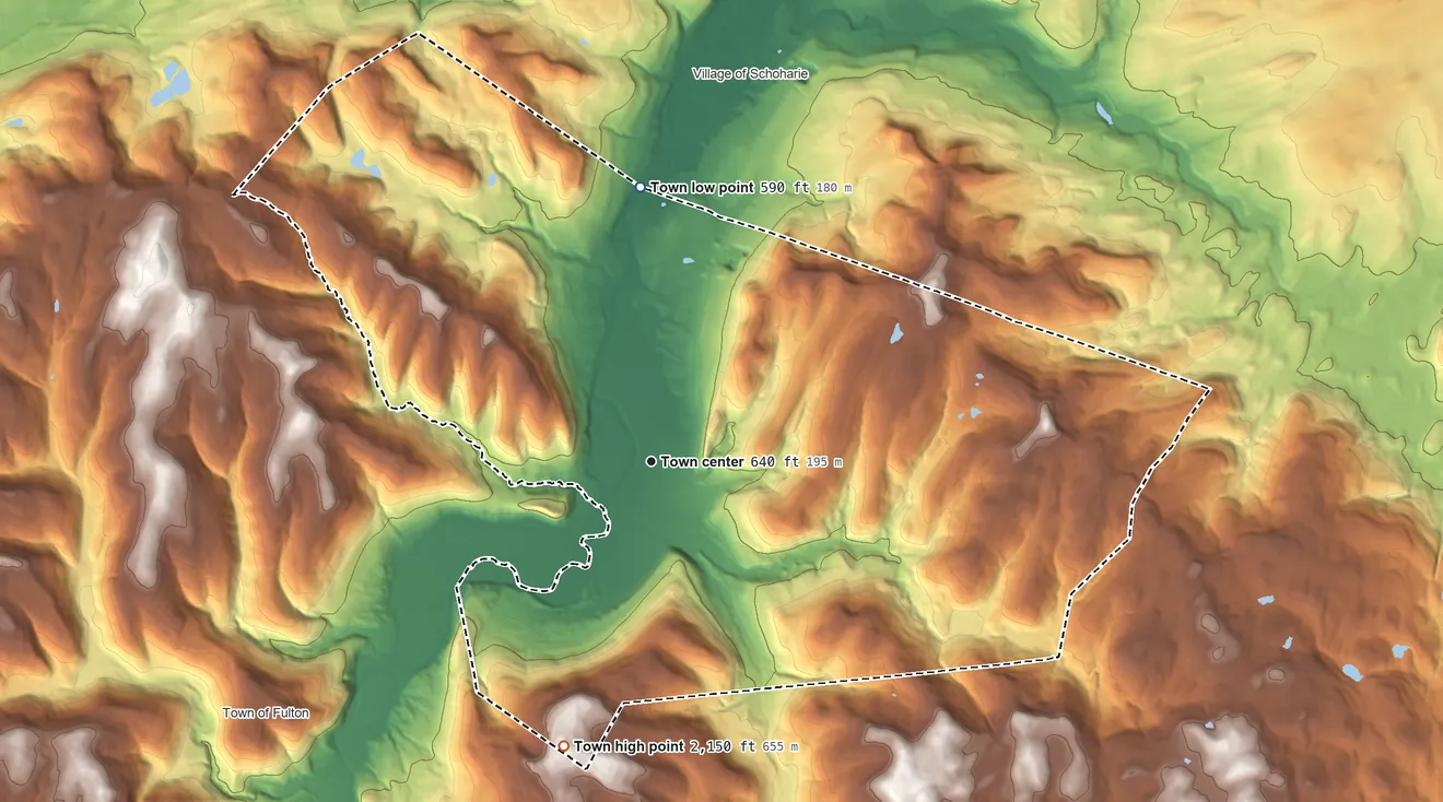 Topographic elevation map of Middleburgh, New York, shaded from 590 ft on the north side to 2,150 ft on the south side