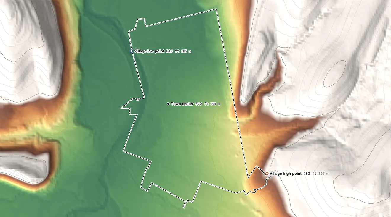 Topographic elevation map of Village of Middleburgh, New York, shaded from 610 ft on the northwest side to 980 ft on the southeast edge, below higher ground just outside
