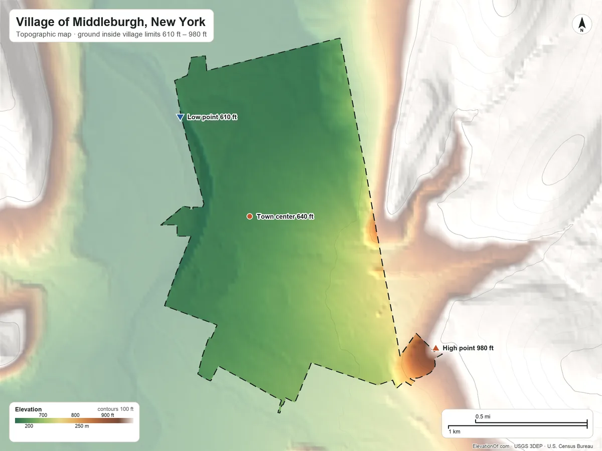Topographic elevation map of Village of Middleburgh, New York, shaded from 610 ft on the northwest side to 980 ft on the southeast edge, below higher ground just outside