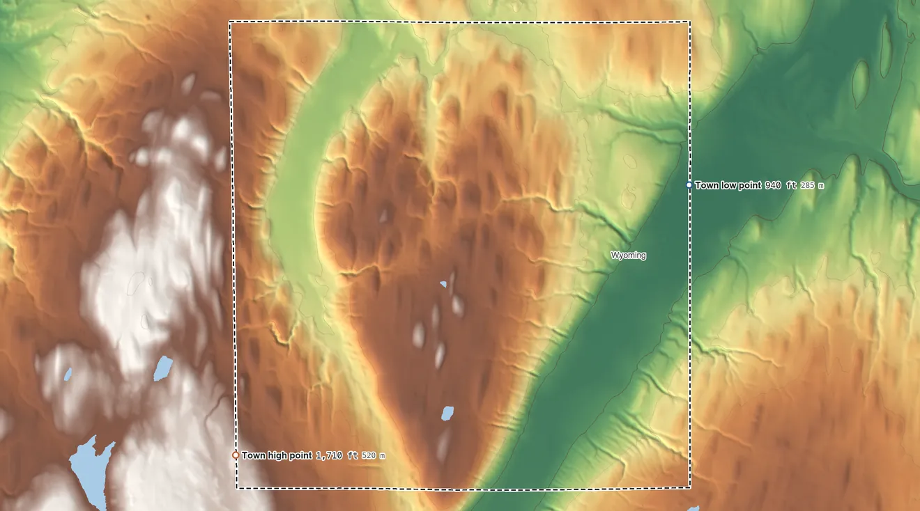 Topographic elevation map of Middlebury, New York, shaded from 940 ft on the northeast side to 1,710 ft on the southwest side