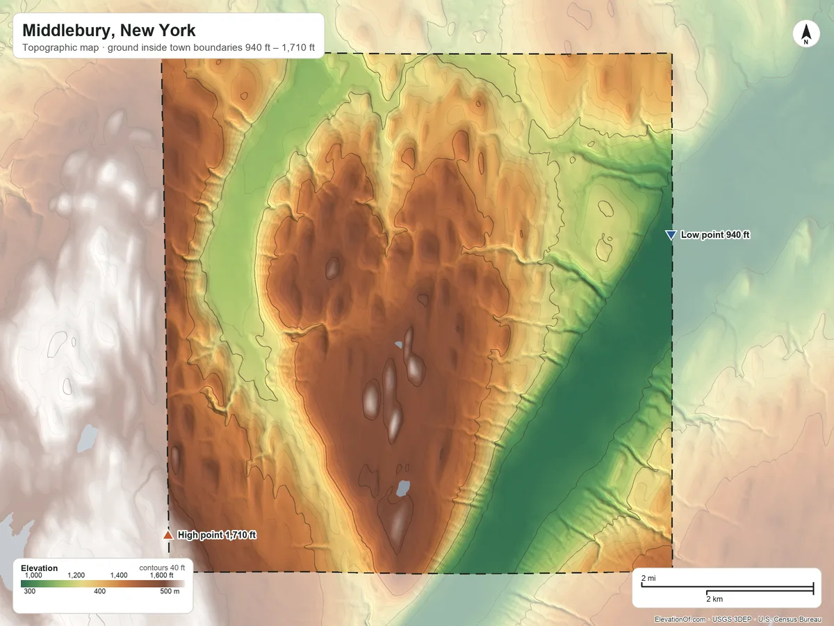 Topographic elevation map of Middlebury, New York, shaded from 940 ft on the northeast side to 1,710 ft on the southwest side
