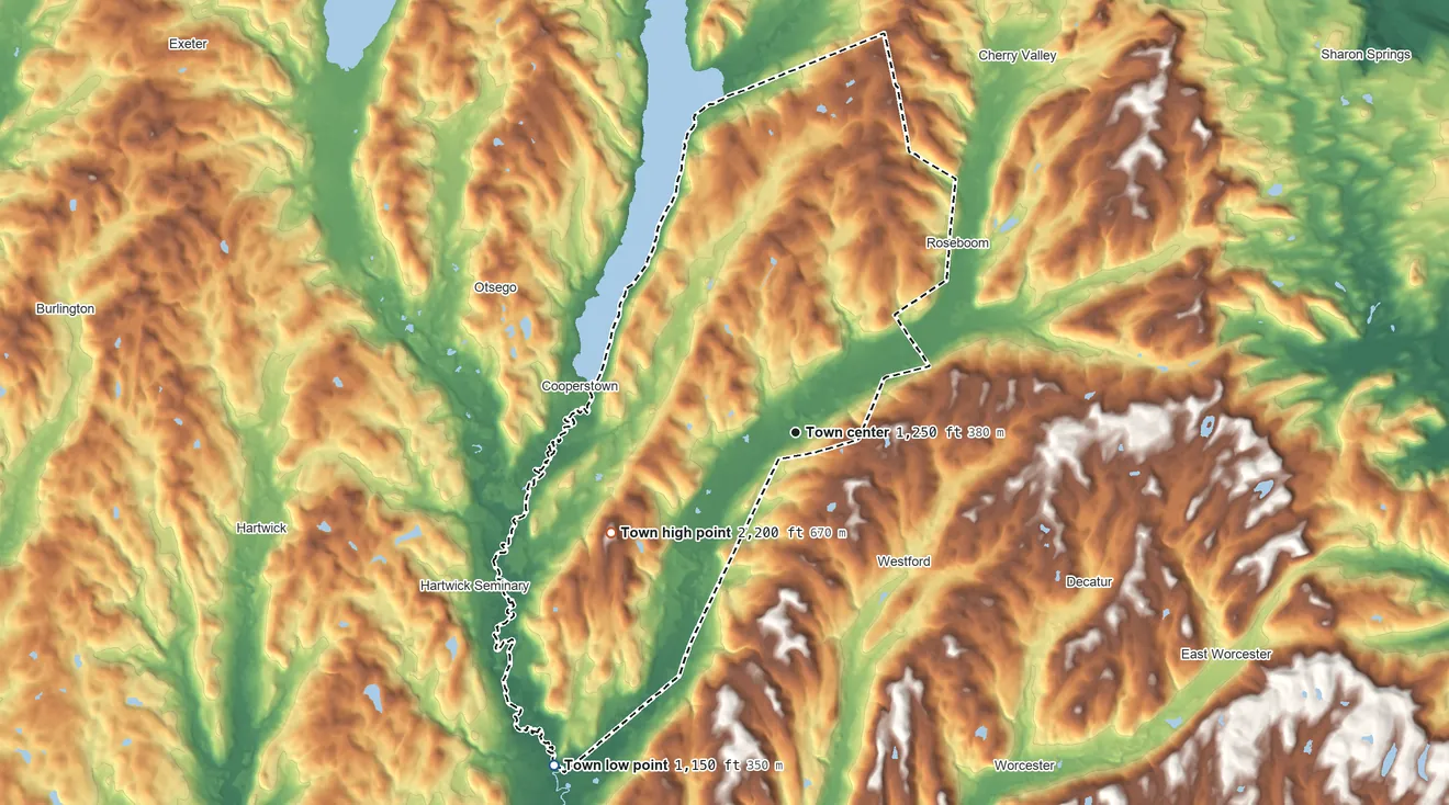 Topographic elevation map of Middlefield, New York, shaded from 1,150 ft on the southwest side to 2,200 ft on Cornish Hill