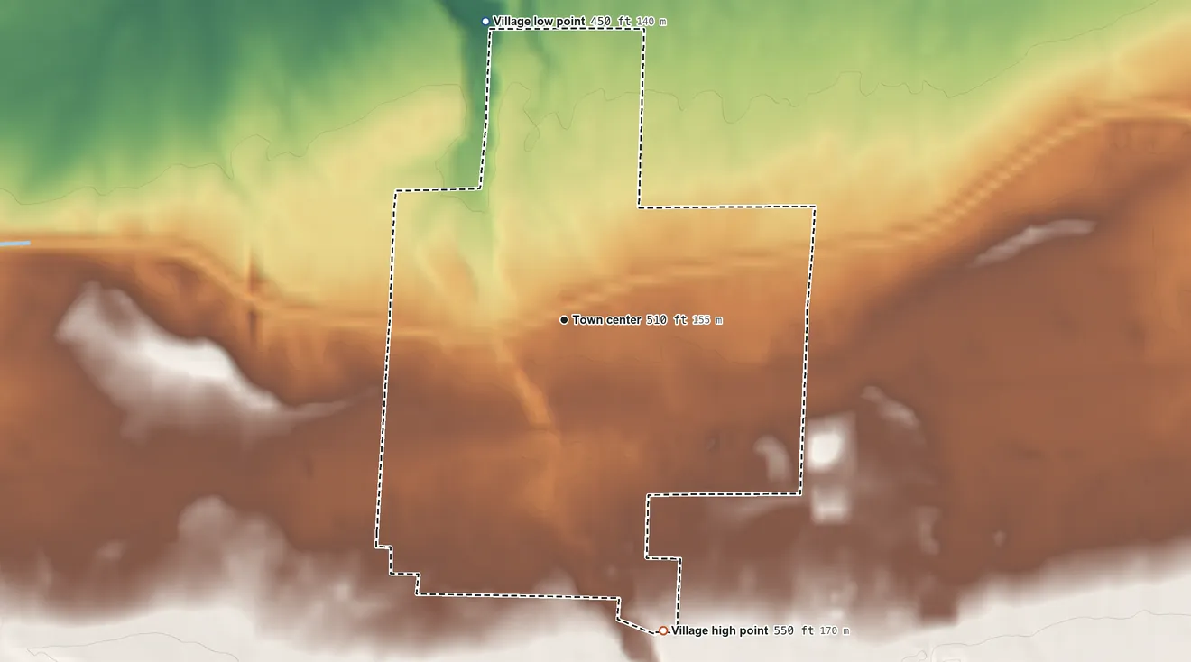 Topographic elevation map of Middleport, New York, shaded from 450 ft on the north side to 550 ft on the south side