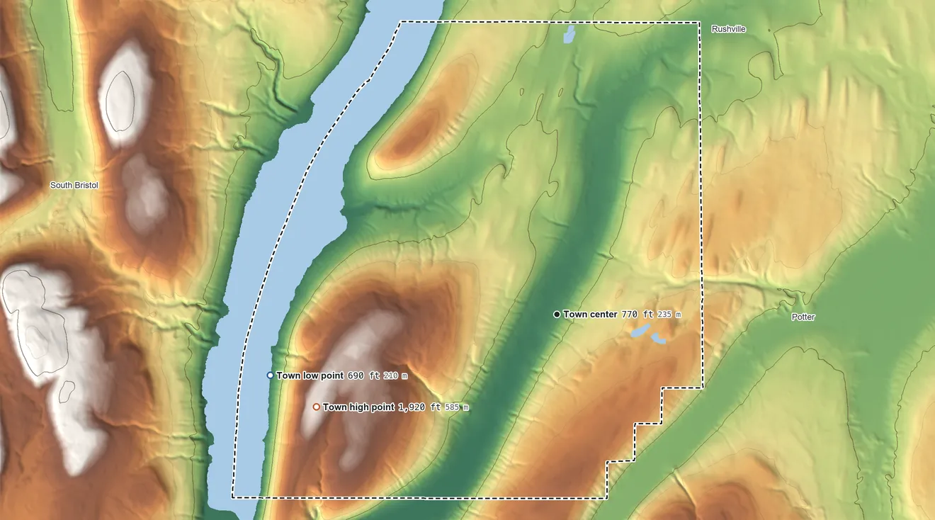 Topographic elevation map of Middlesex, New York, shaded from 690 ft on the west side to 1,920 ft on South Hill