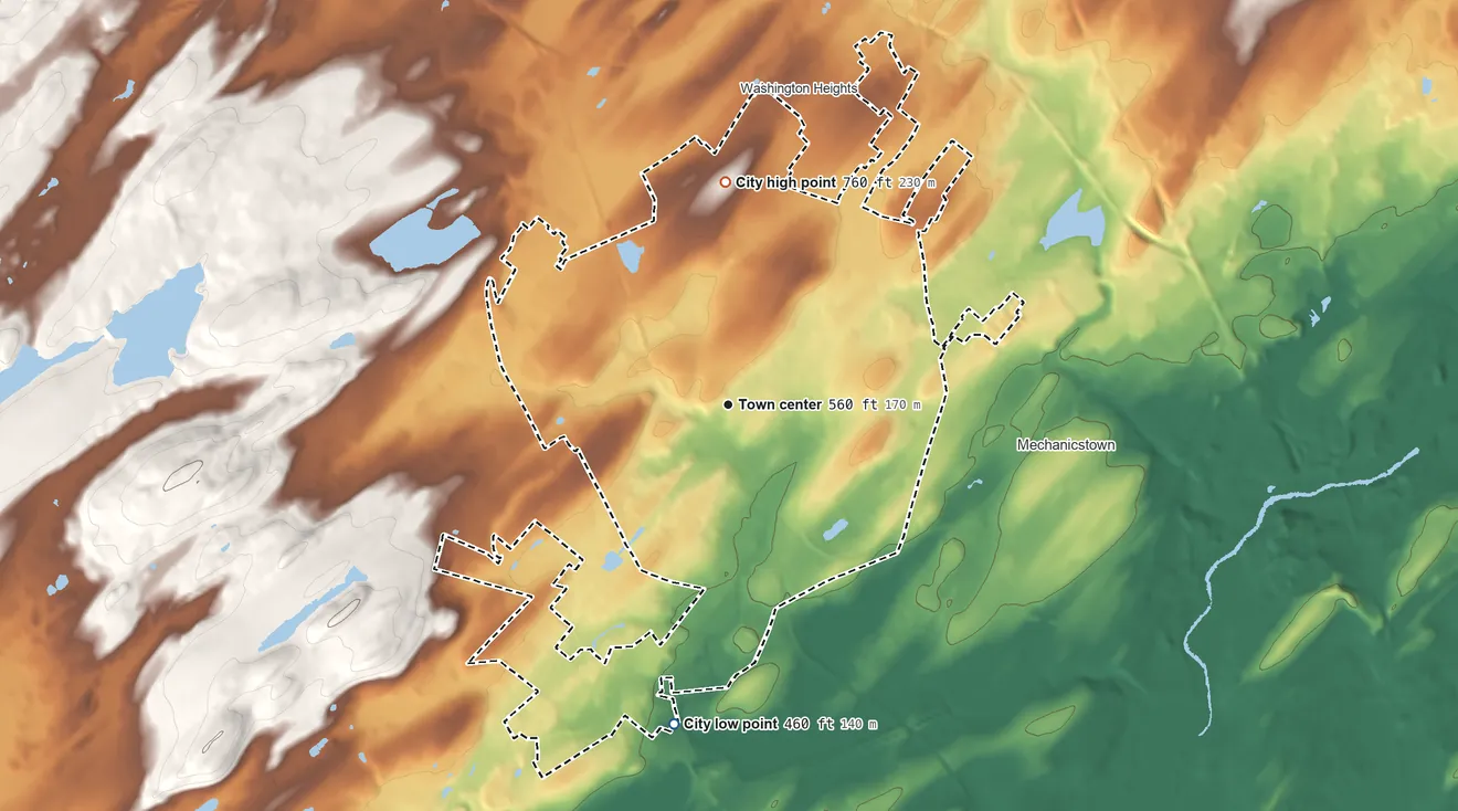 Topographic elevation map of Middletown, New York, shaded from 460 ft on the south side to 760 ft on the north side