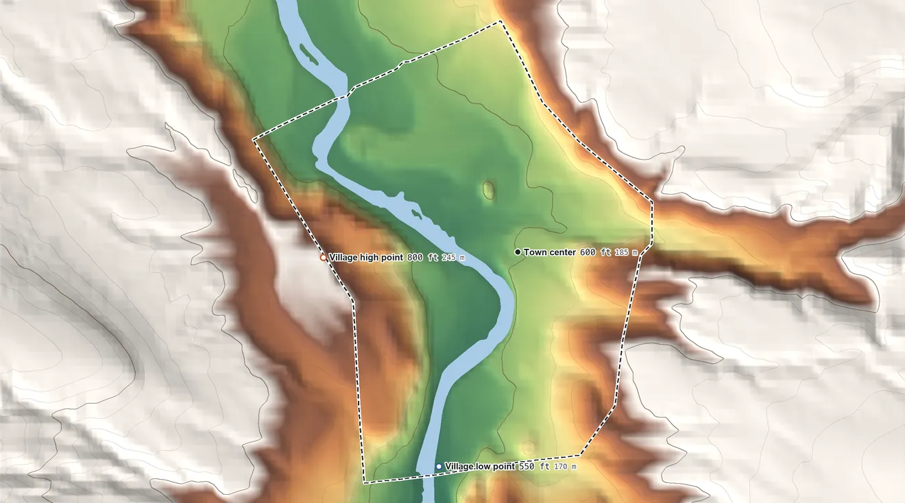 Topographic elevation map of Middleville, New York, shaded from 550 ft on the south side to 800 ft on the west edge, below higher ground just outside