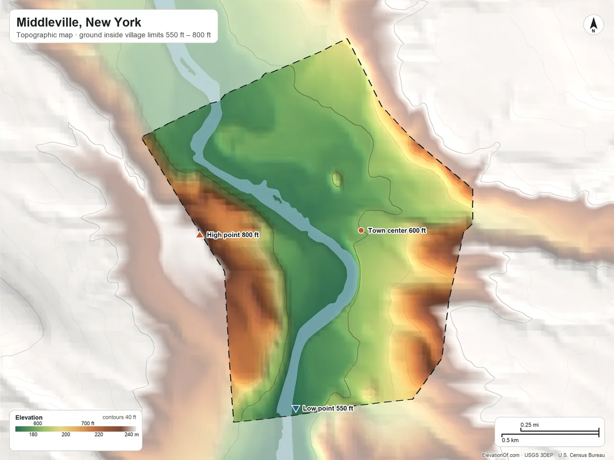 Topographic elevation map of Middleville, New York, shaded from 550 ft on the south side to 800 ft on the west edge, below higher ground just outside