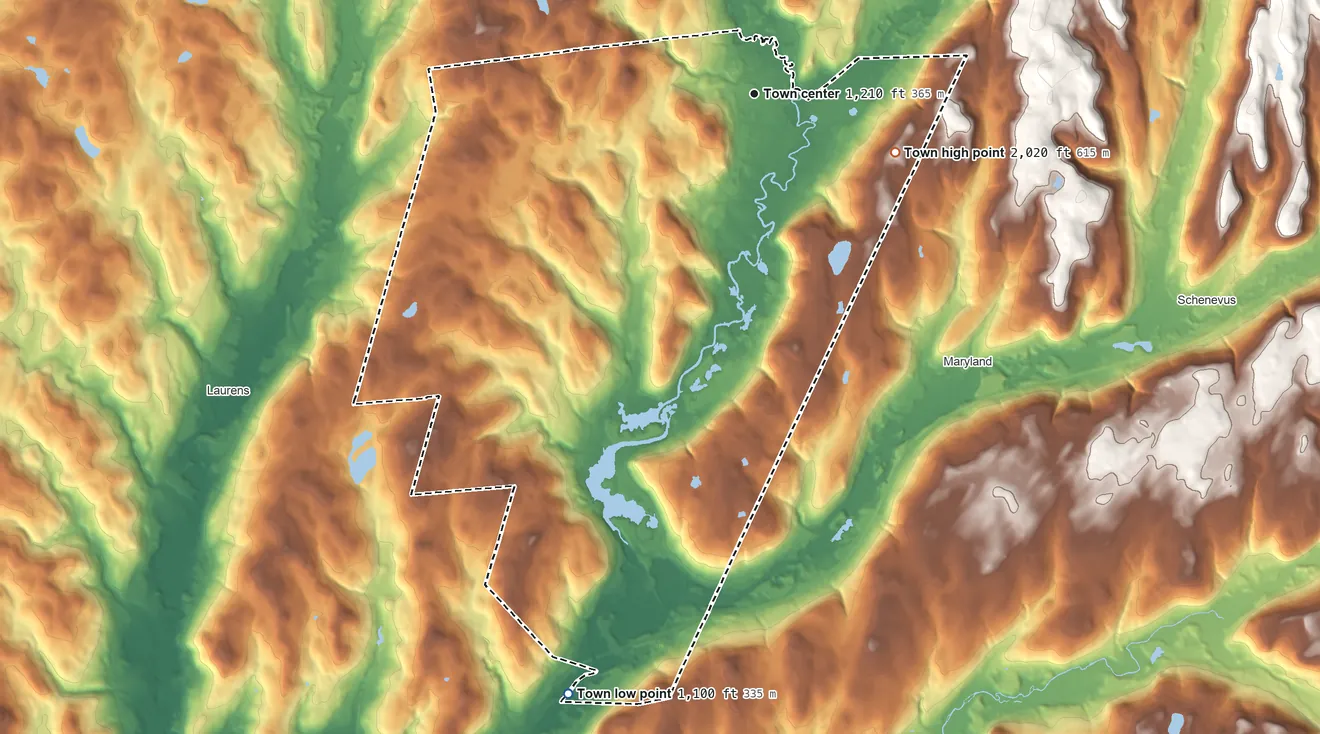 Topographic elevation map of Milford, New York, shaded from 1,100 ft on the south side to 2,020 ft on the southeast side