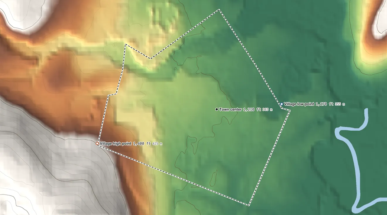 Topographic elevation map of Village of Milford, New York, shaded from 1,170 ft on the east side to 1,400 ft on the west edge, below higher ground just outside