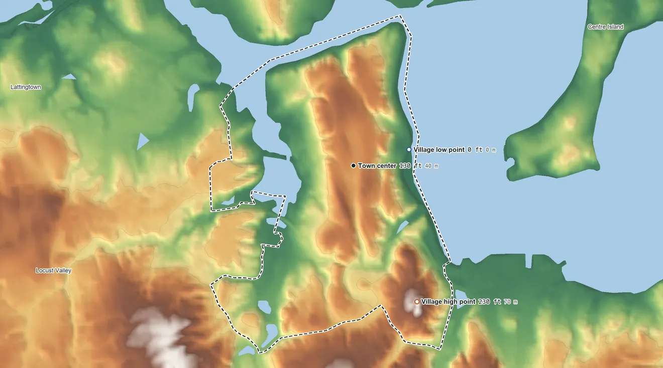 Topographic elevation map of Mill Neck, New York, shaded from sea level level on Oyster Bay Harbor to 230 ft on the southeast side