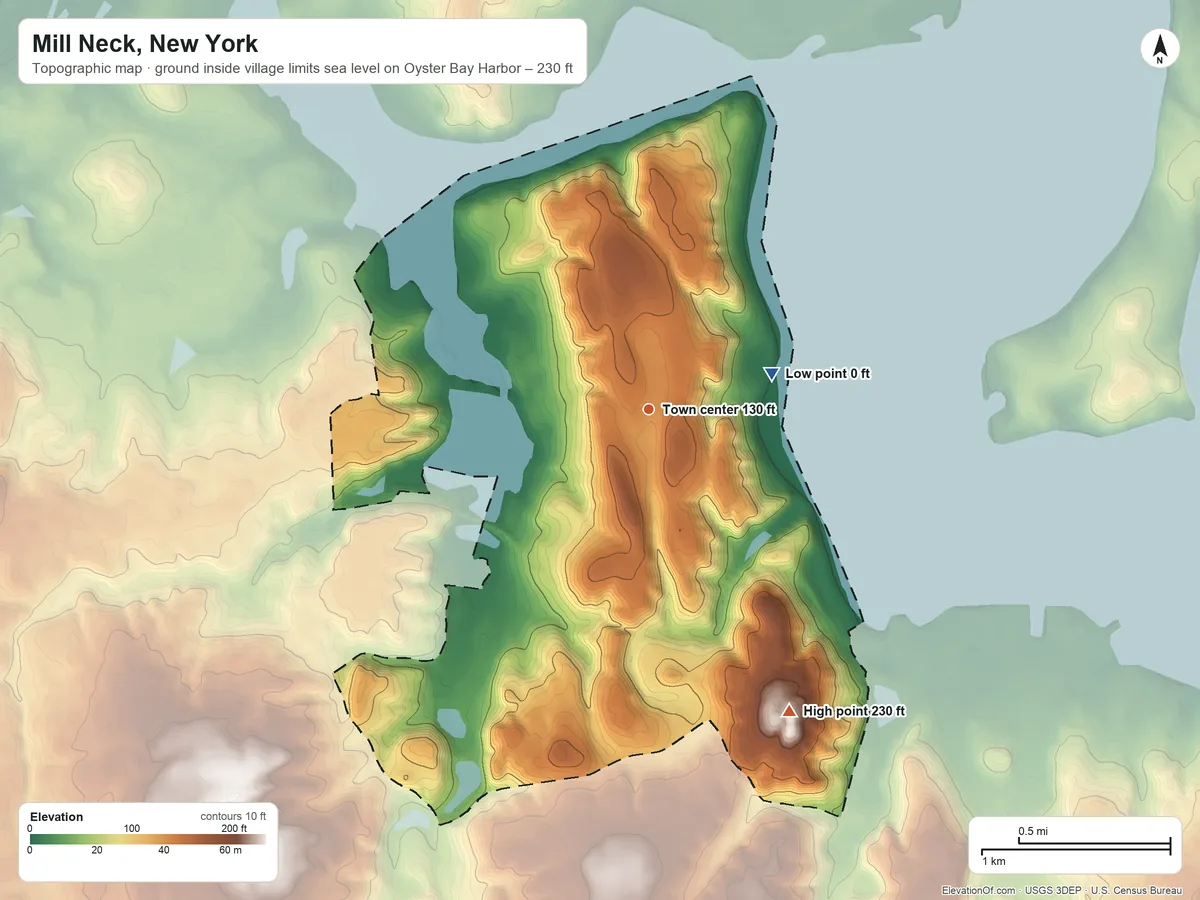 Topographic elevation map of Mill Neck, New York, shaded from sea level level on Oyster Bay Harbor to 230 ft on the southeast side