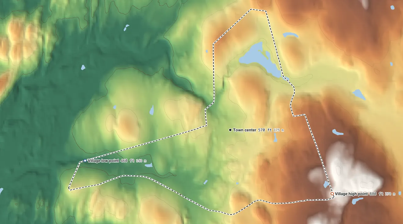 Topographic elevation map of Millbrook, New York, shaded from 460 ft on the west side to 880 ft on the southeast side