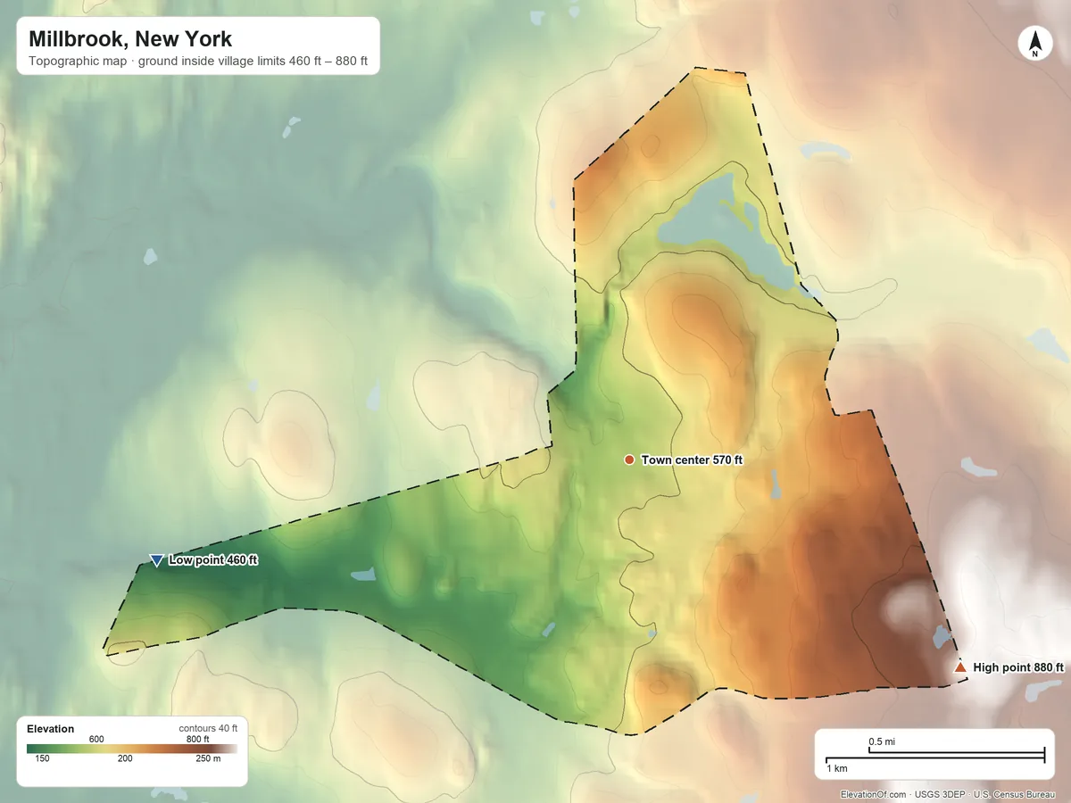 Topographic elevation map of Millbrook, New York, shaded from 460 ft on the west side to 880 ft on the southeast side