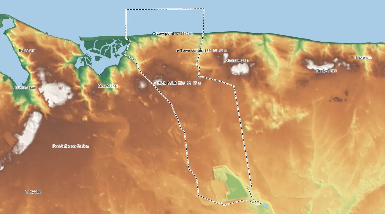 Topographic elevation map of Miller Place, New York, shaded from sea level level on Mount Sinai Harbor to 220 ft on the southwest side
