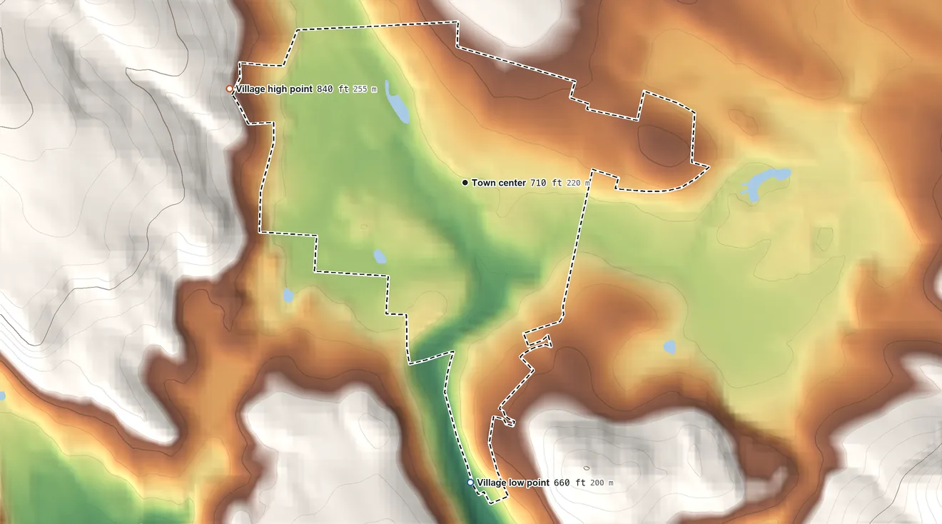 Topographic elevation map of Millerton, New York, shaded from 660 ft on the south side to 840 ft on the west edge, below higher ground just outside