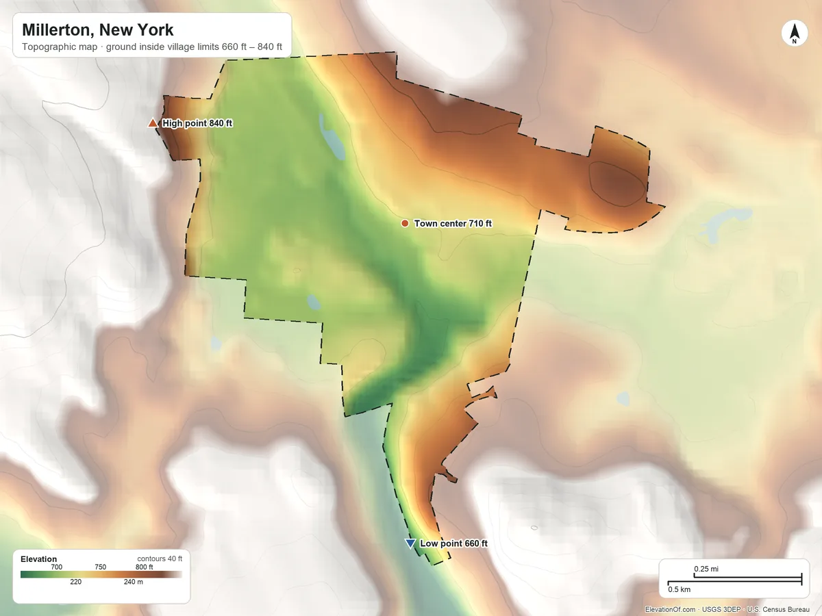 Topographic elevation map of Millerton, New York, shaded from 660 ft on the south side to 840 ft on the west edge, below higher ground just outside
