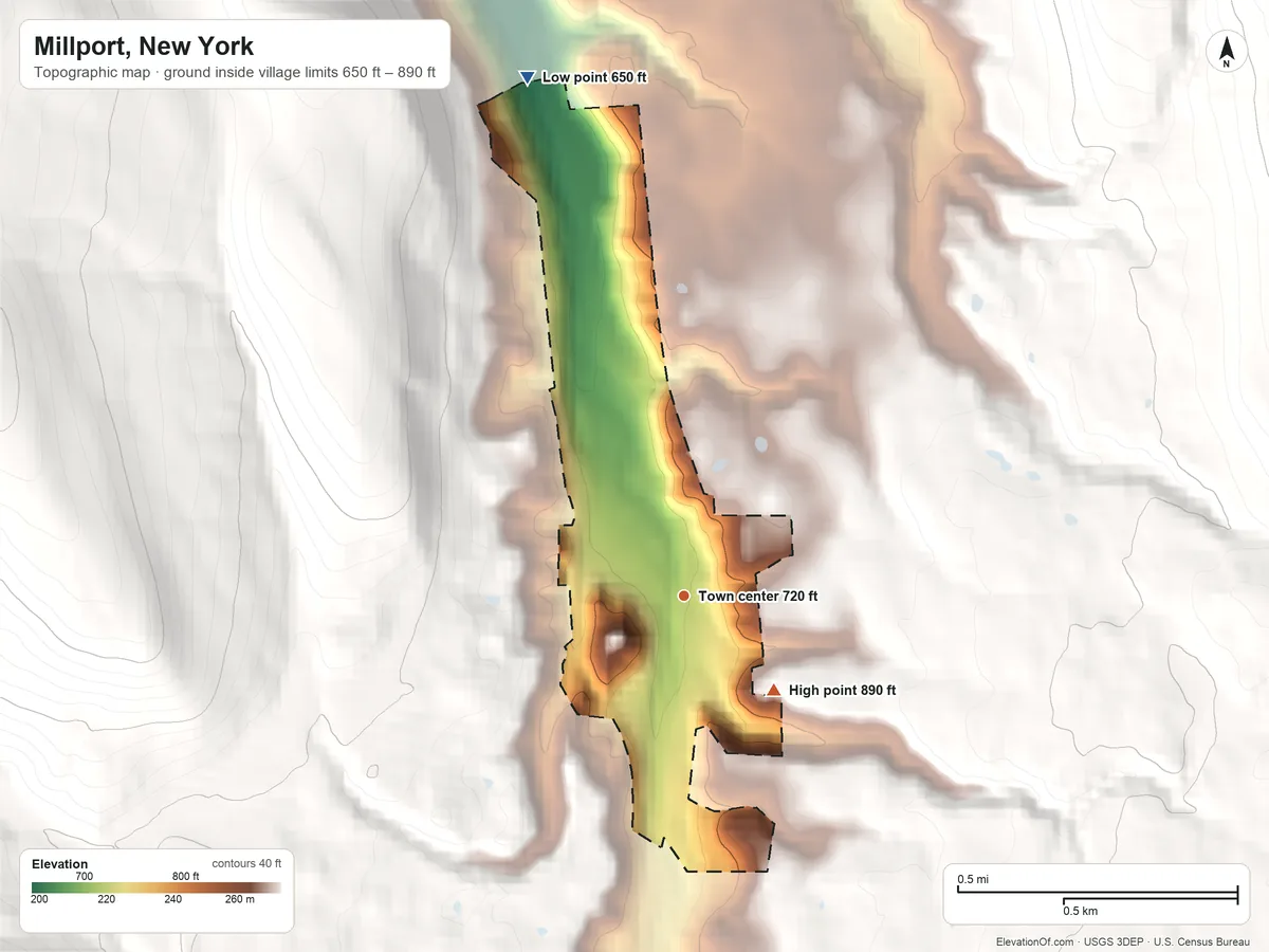 Topographic elevation map of Millport, New York, shaded from 650 ft on the north side to 890 ft on the southeast edge, below higher ground just outside