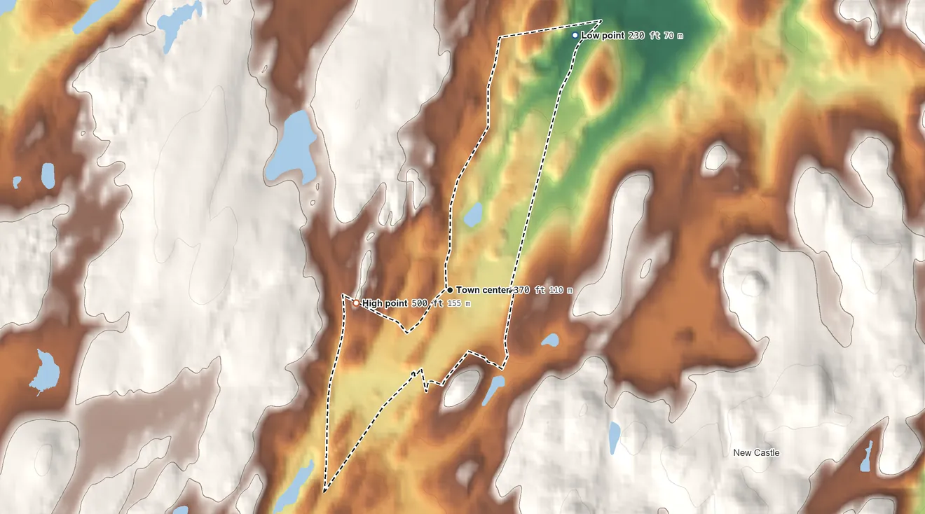 Topographic elevation map of Millwood, New York, shaded from 230 ft on the northeast side to 500 ft on the west side