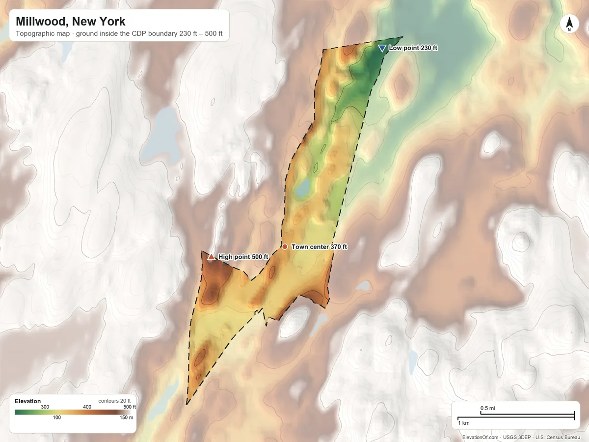 Topographic elevation map of Millwood, New York, shaded from 230 ft on the northeast side to 500 ft on the west side