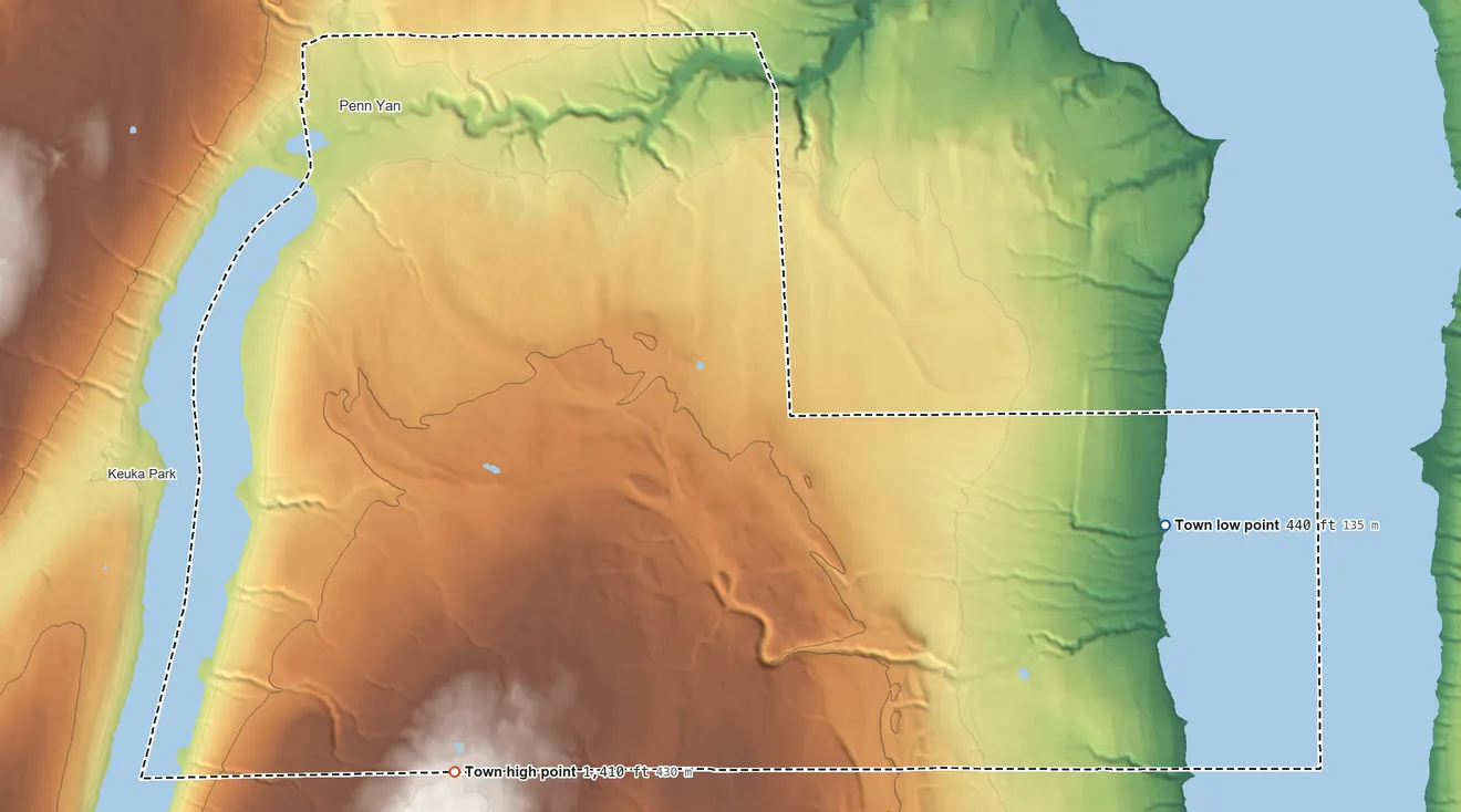 Topographic elevation map of Milo, New York, shaded from 440 ft on the southeast side to 1,410 ft on the south side