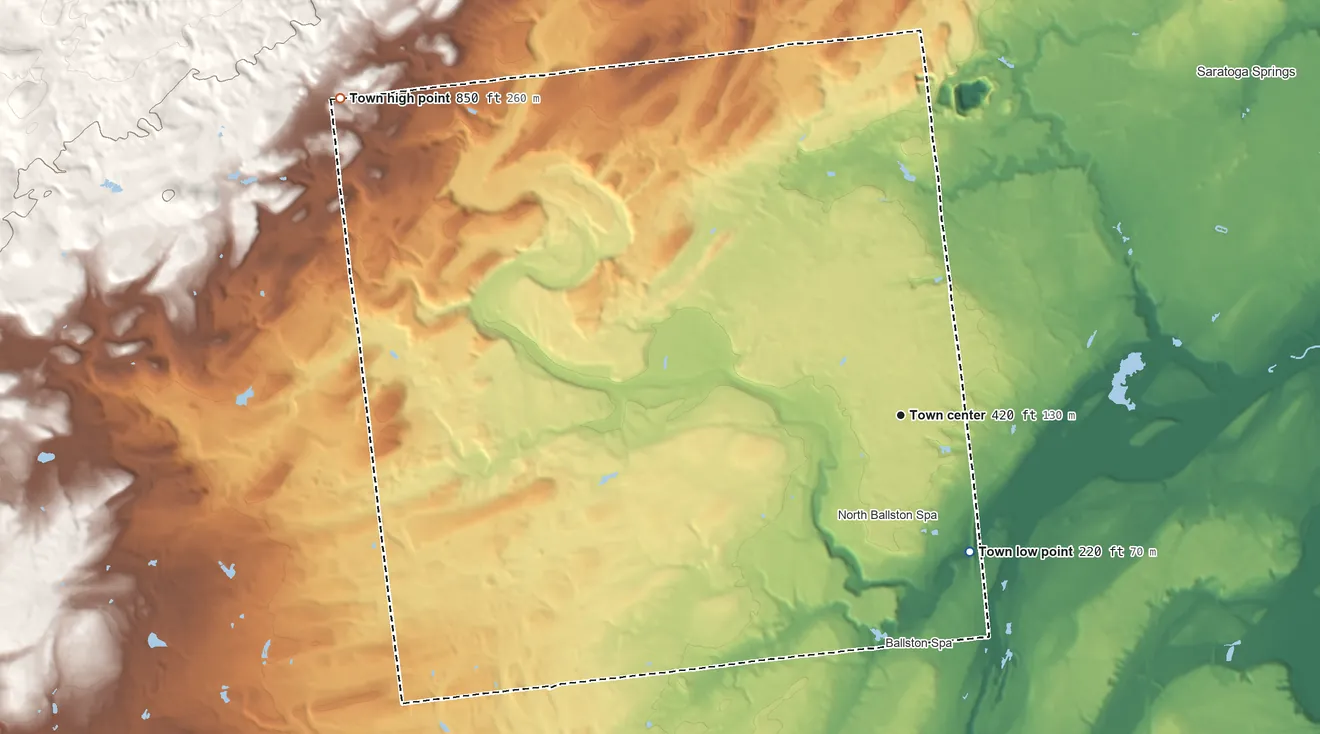 Topographic elevation map of Milton, New York, shaded from 220 ft on the southeast side to 850 ft at the foot of the Kayaderosseras Range