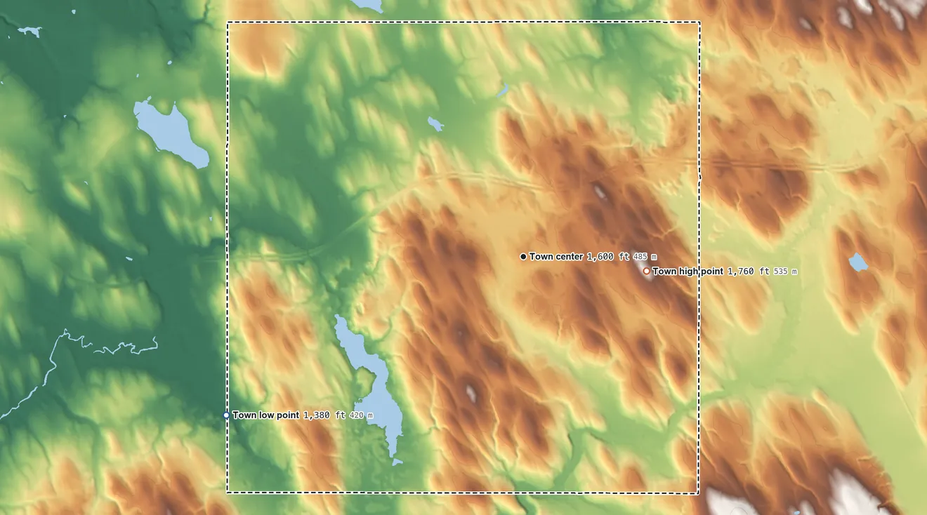 Topographic elevation map of Mina, New York, shaded from 1,380 ft on the southwest side to 1,760 ft on the east side
