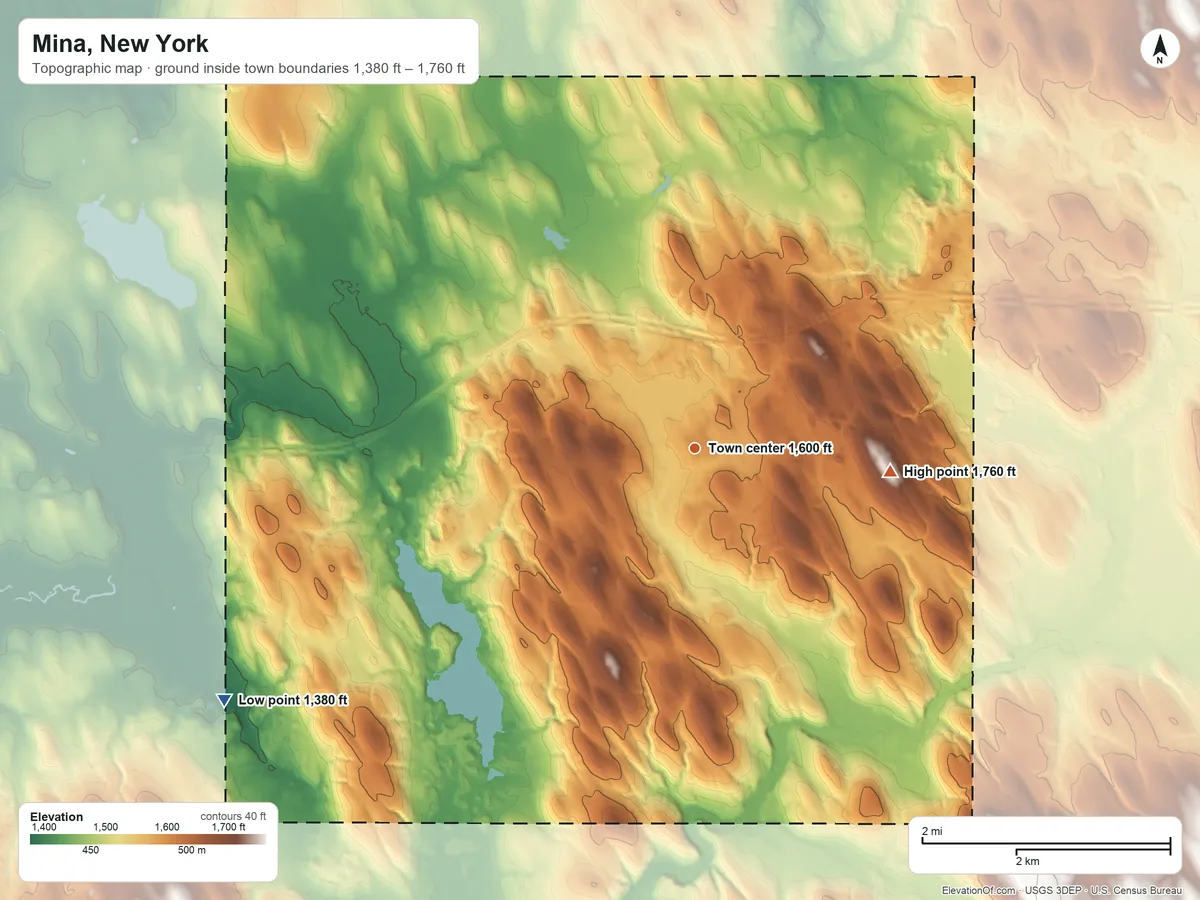 Topographic elevation map of Mina, New York, shaded from 1,380 ft on the southwest side to 1,760 ft on the east side