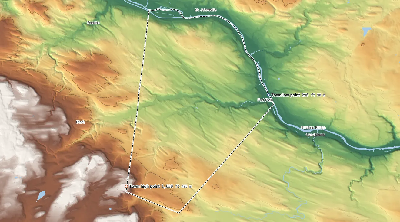 Topographic elevation map of Minden, New York, shaded from 290 ft on the east side to 1,630 ft on the southwest side
