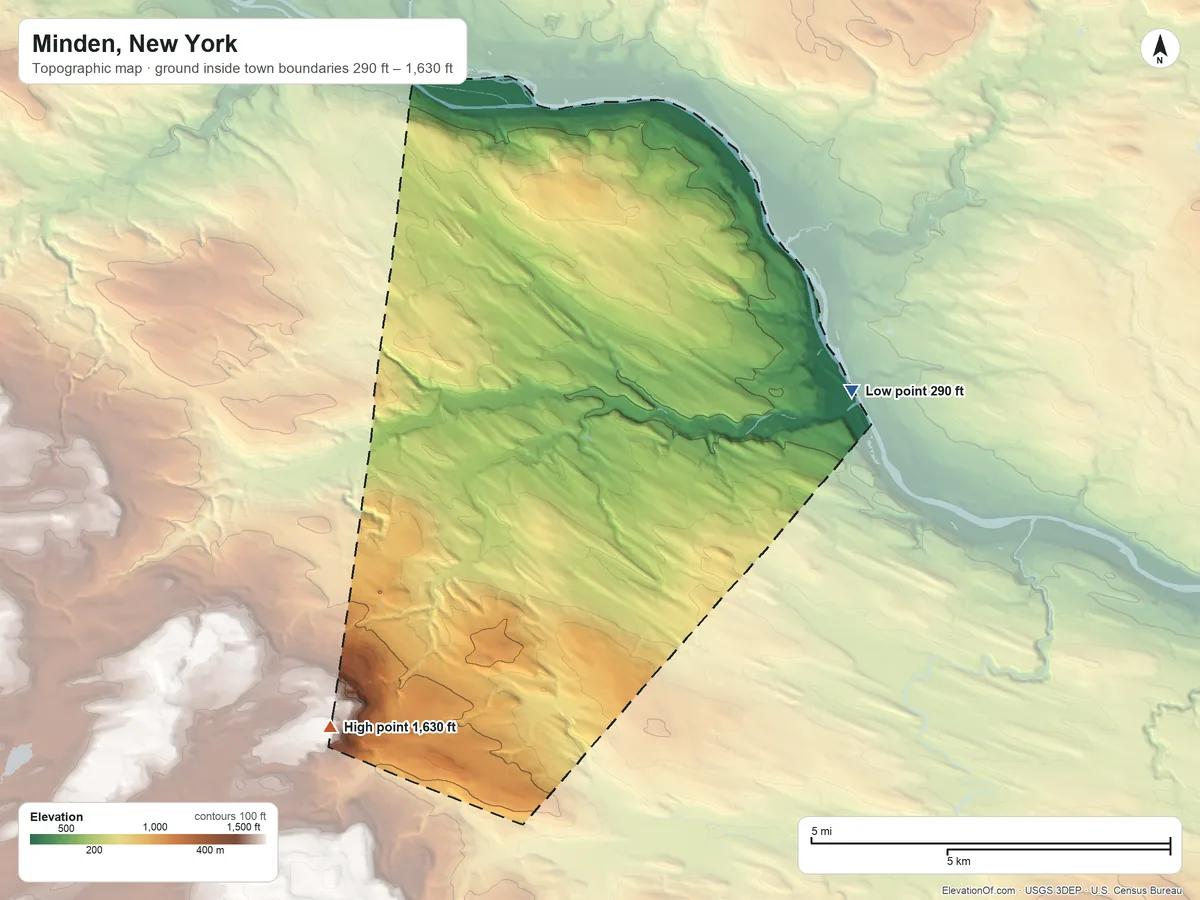 Topographic elevation map of Minden, New York, shaded from 290 ft on the east side to 1,630 ft on the southwest side