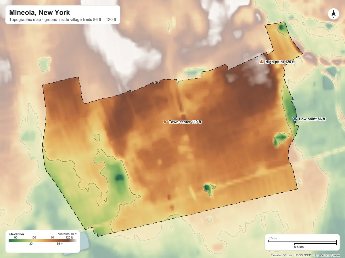 Topographic elevation map of Mineola, New York, shaded from 86 ft on the east side to 120 ft on the northeast side