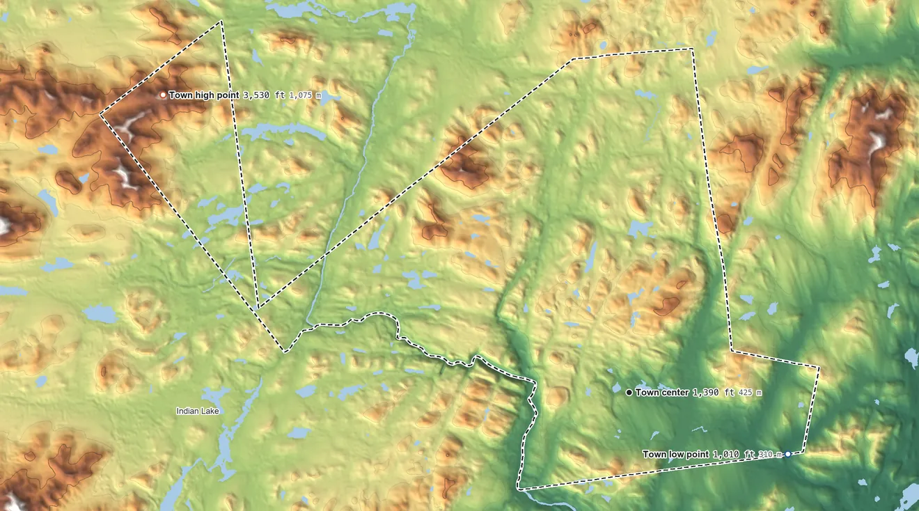 Topographic elevation map of Minerva, New York, shaded from 1,010 ft on the east side to 3,530 ft on Fishing Brook Mountain