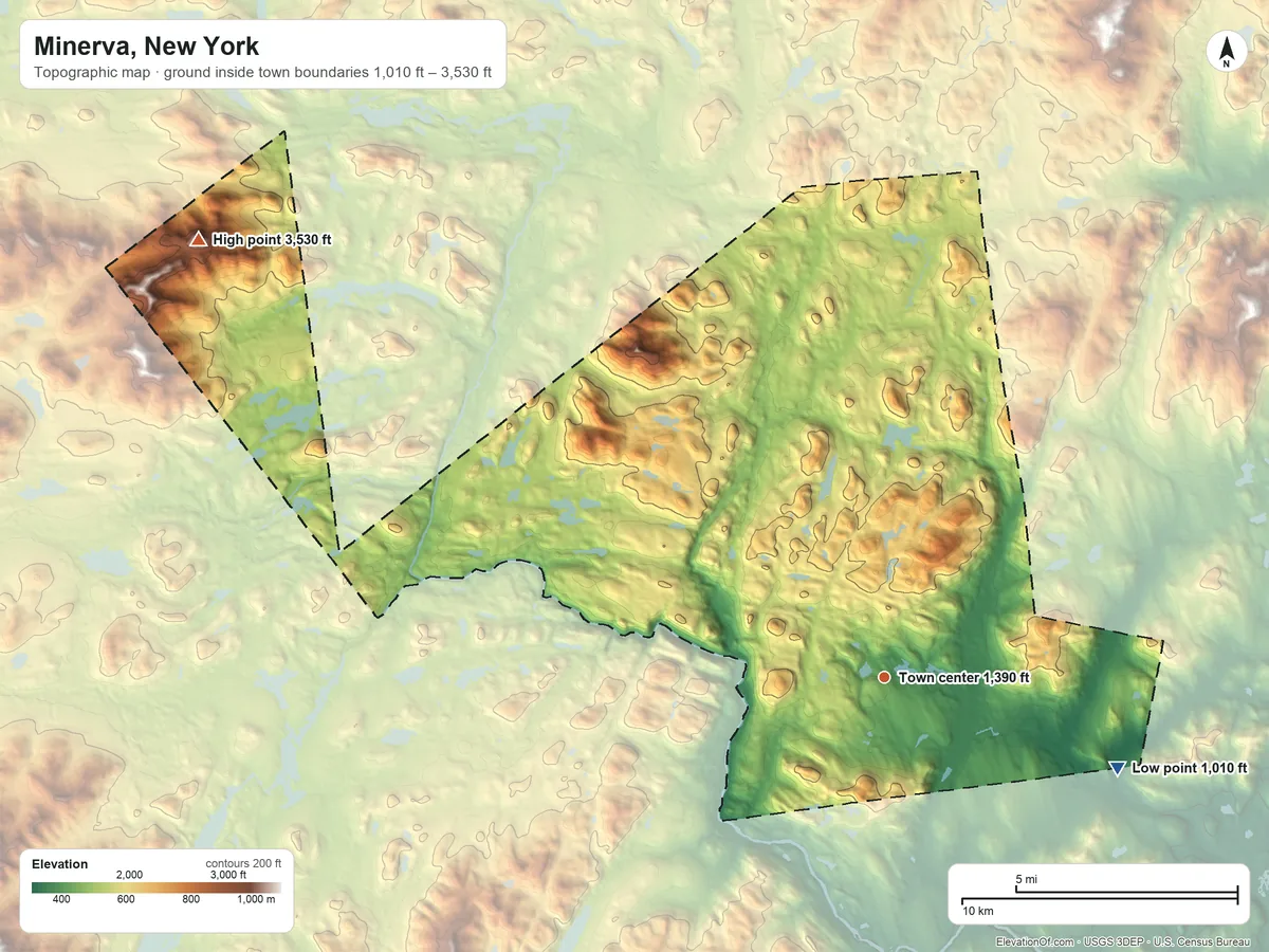 Topographic elevation map of Minerva, New York, shaded from 1,010 ft on the east side to 3,530 ft on Fishing Brook Mountain