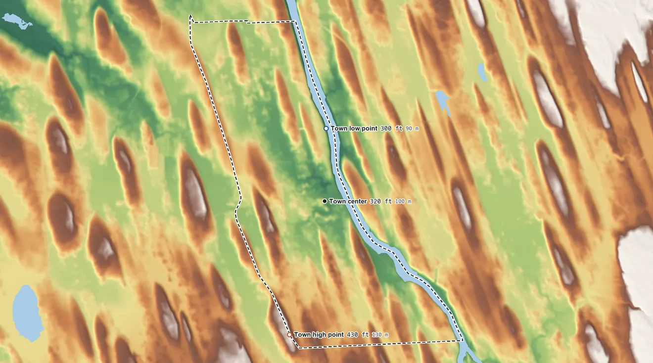 Topographic elevation map of Minetto, New York, shaded from 300 ft on the north side to 430 ft on the south side